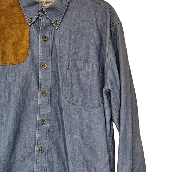 Chesapeake Bay Outfitters Shirt Mens XL Blue Jean Denim Long Sleeve Suede Patch - Picture 4 of 8